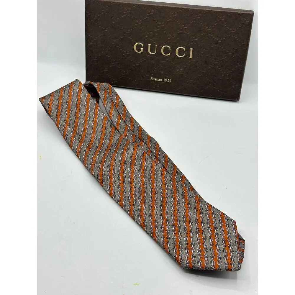 GUCCI GG Horsebit Silk Tie Orange Taupe Stripe Italy Luxury Necktie $250